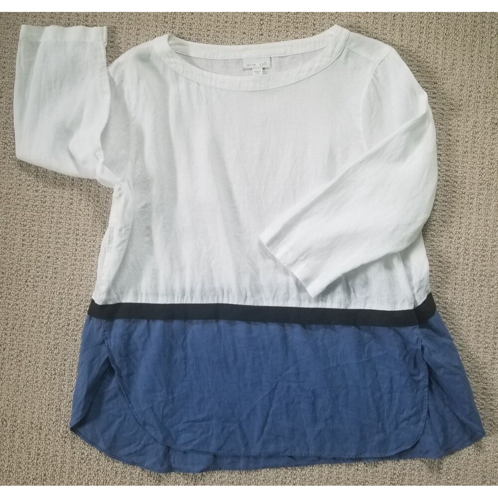 J Jill Love Linen Color Block Tunic Top Womens Blue Black White Size Medium